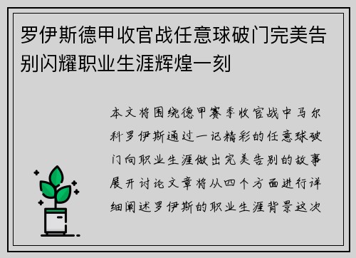 罗伊斯德甲收官战任意球破门完美告别闪耀职业生涯辉煌一刻