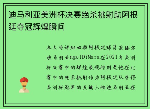 迪马利亚美洲杯决赛绝杀挑射助阿根廷夺冠辉煌瞬间