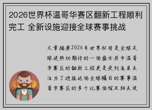 2026世界杯温哥华赛区翻新工程顺利完工 全新设施迎接全球赛事挑战